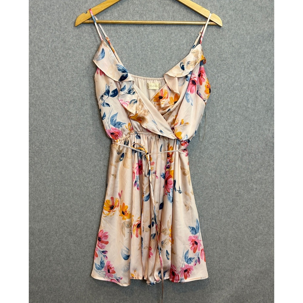 Altar'd State Mini Tank Dress Blush Peach Pink Floral Satin Ruffle Womens Large